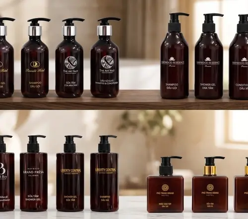 Bộ bình chiết dầu gội sữa tắm cao cấp cho khách sạn spa - Du Lịch Thùy Vân
