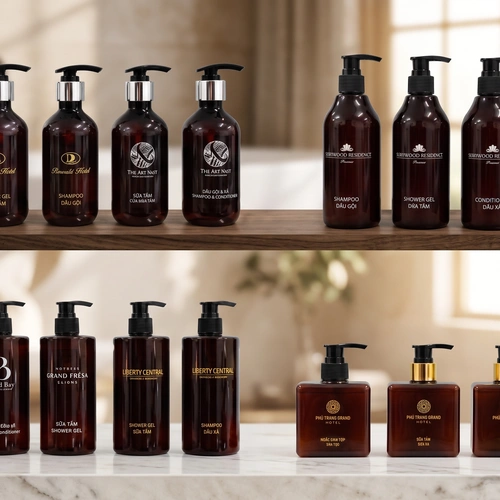 Bộ bình chiết dầu gội sữa tắm cao cấp cho khách sạn spa - Du Lịch Thùy Vân